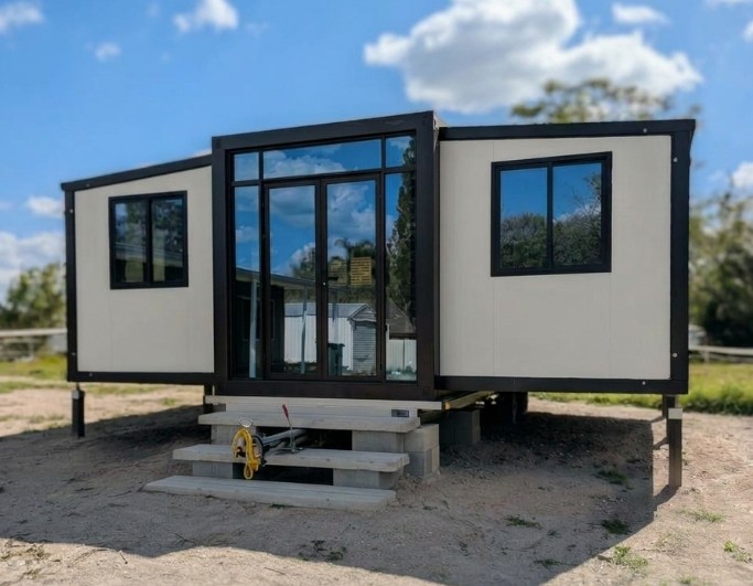 20ft expandable prefab home white panels black trim